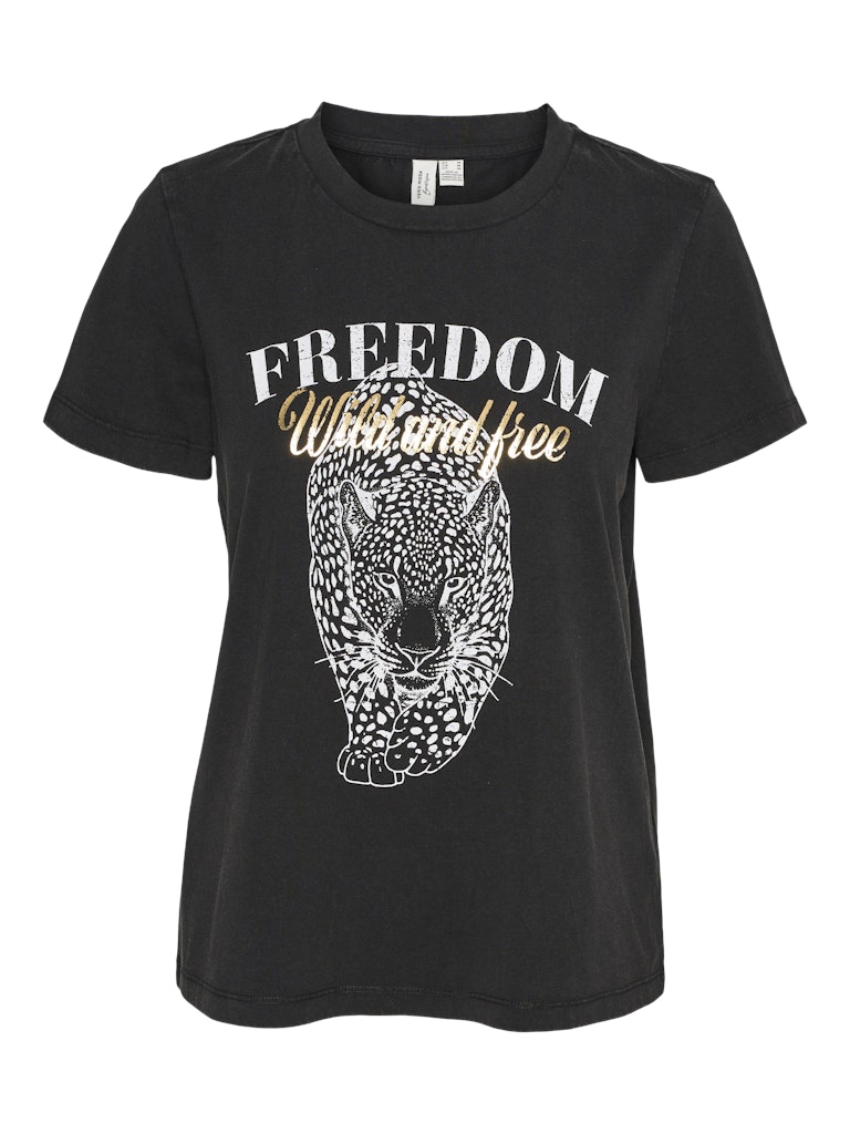 VERO MODA Γυναικείο μαύρο t-shirt με τύπωμα ANIMAL FREEDOM WILD AND FREE, στρογγυλή λαιμόκοψη, κανονική γραμμή, μπροστινή όψη χωρίς μοντέλο