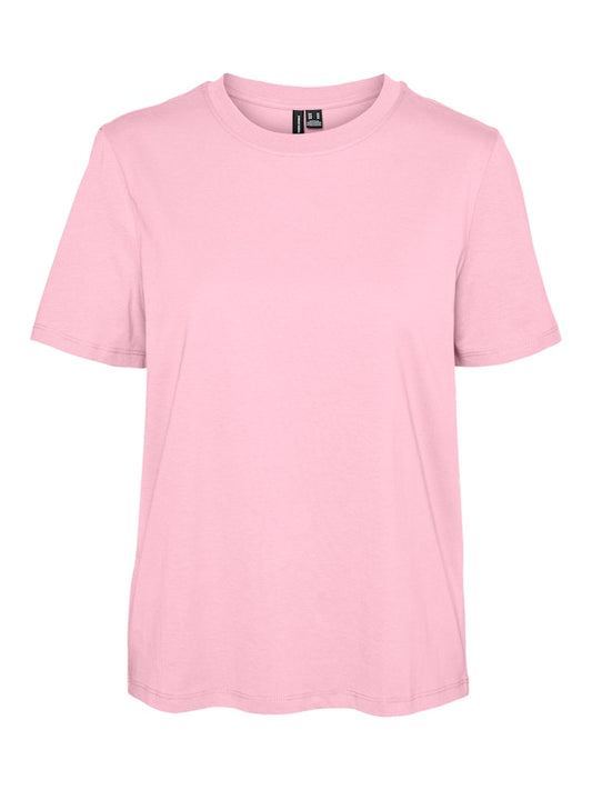 VERO MODA basic t-shirt μονόχρωμο ροζ, επίπεδη φωτογραφία μπροστινής όψης, κοντομάνικο