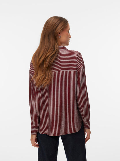 VERO MODA Πουκάμισο Ριγέ Μακριμάνικο Κανονική Εφαρμογή Μπορντώ-Λευκό πίσω όψη
