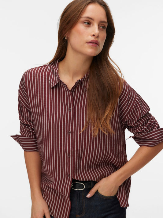 VERO MODA Πουκάμισο Ριγέ Μακριμάνικο Κανονική Εφαρμογή Μπορντώ-Λευκό μπροστινή όψη