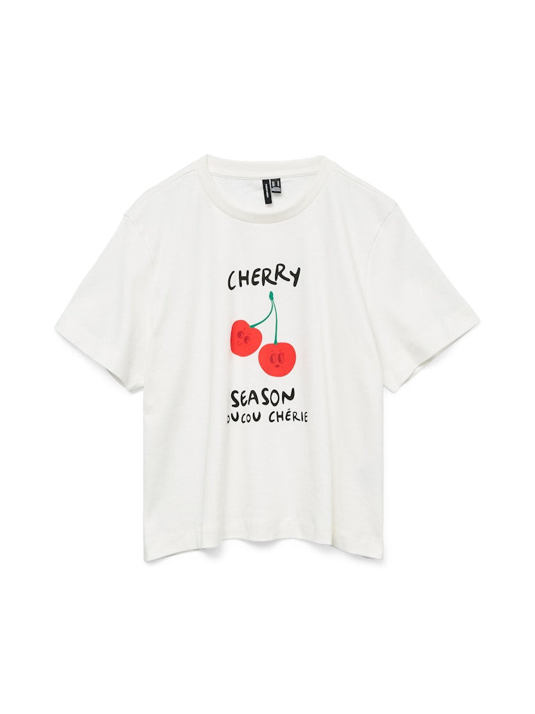 VERO MODA λευκό T-shirt με τύπωμα CHERRY, επίπεδη φωτογραφία μπροστινής όψης, κοντομάνικο