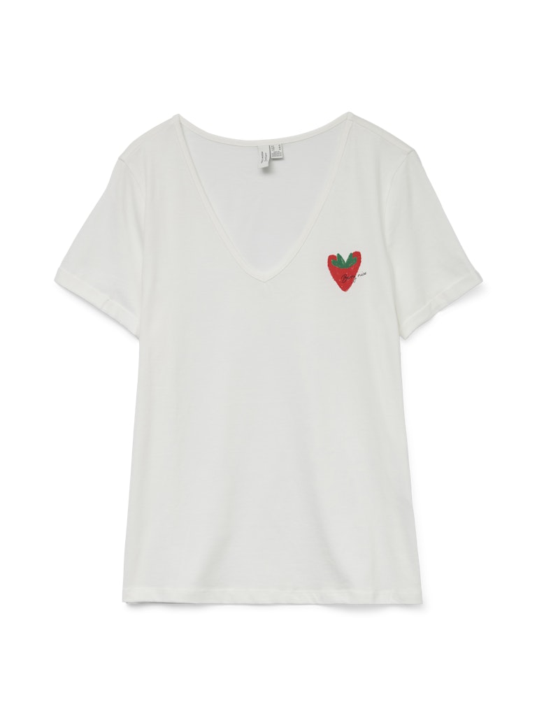 VERO MODA λευκό T-shirt με τύπωμα φράουλα, επίπεδη φωτογραφία, V-λαιμόκοψη, κοντομάνικο, 100% Organic Cotton