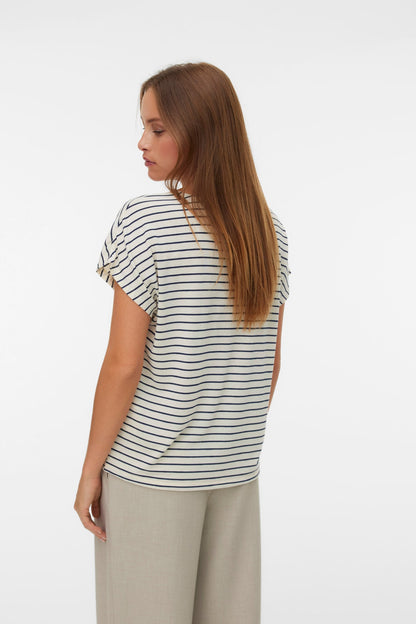 VERO MODA T-shirt Ριγέ Cap Sleeves Εκρού-Μπλε πίσω όψη