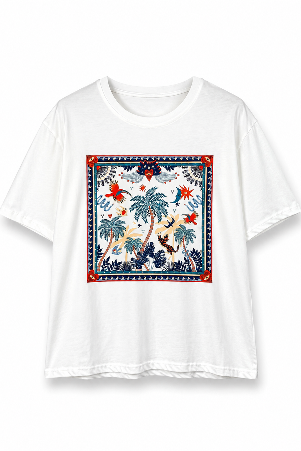 T-shirt λευκό με τροπική στάμπα φοίνικες & τζάγκουαρ