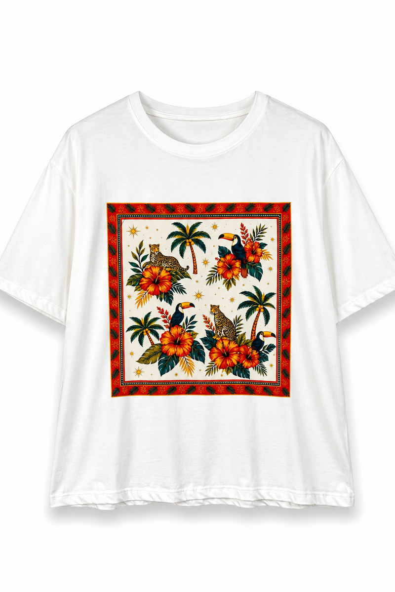 T-shirt λευκό με τροπική στάμπα τουκάν & ιβίσκος