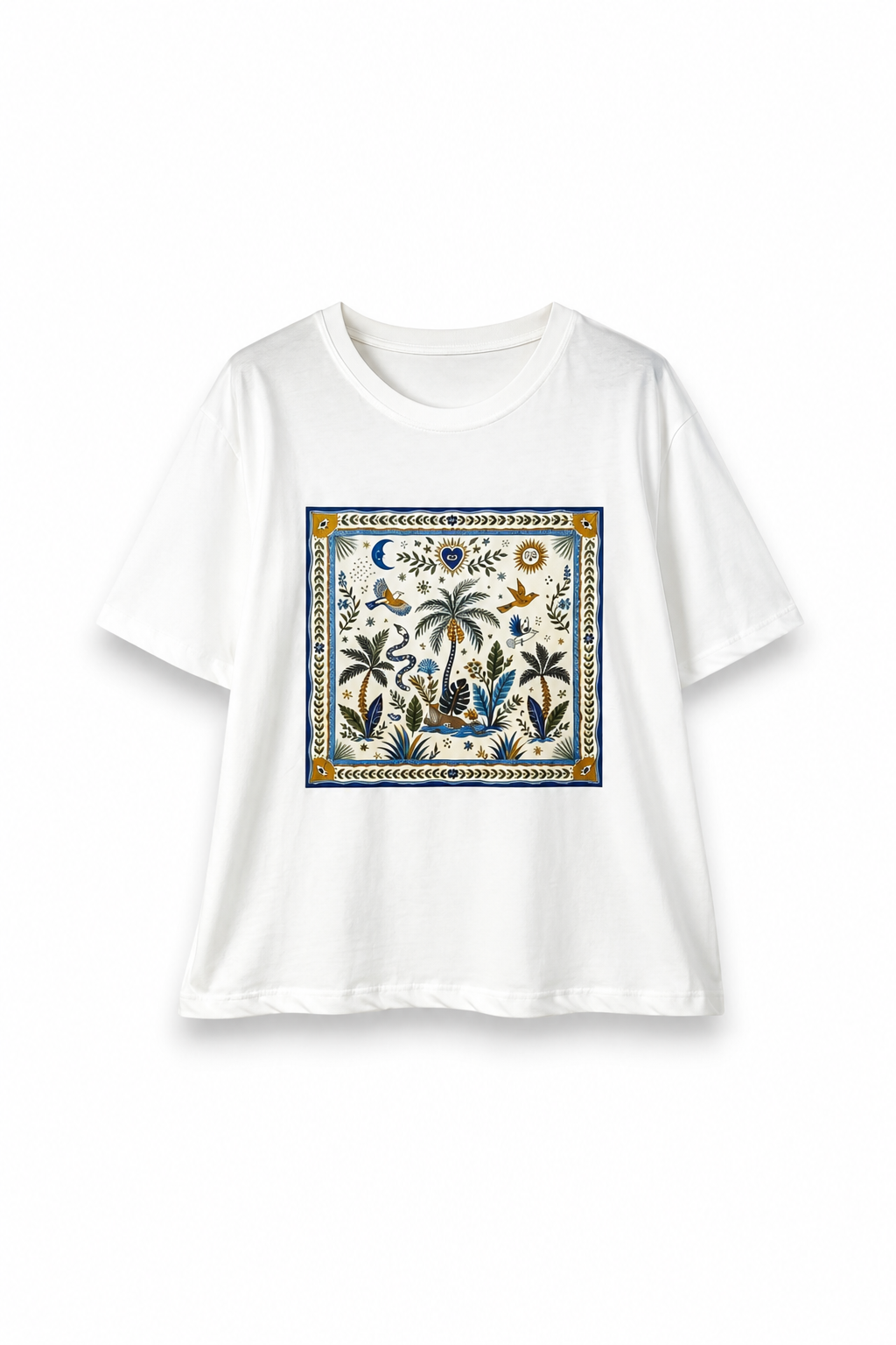T-shirt λευκό με τροπική στάμπα φοίνικες & πουλιά