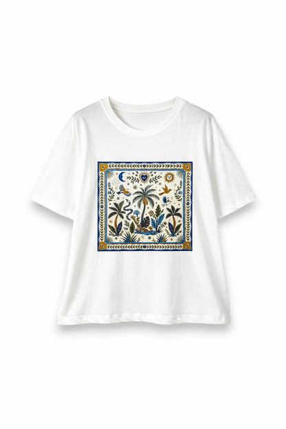 T-shirt λευκό με τροπική στάμπα φοίνικες & πουλιά