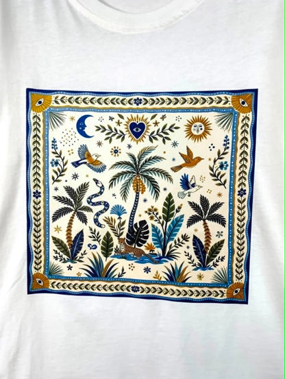 T-shirt λευκό με τροπική στάμπα φοίνικες & πουλιά