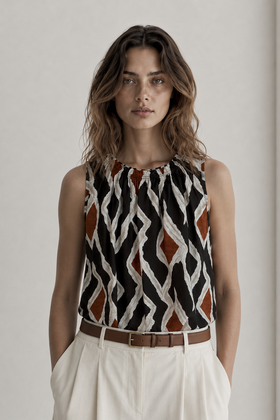 Αμάνικη Μπλούζα με Σούρα στη Λαιμόκοψη Geometric Print