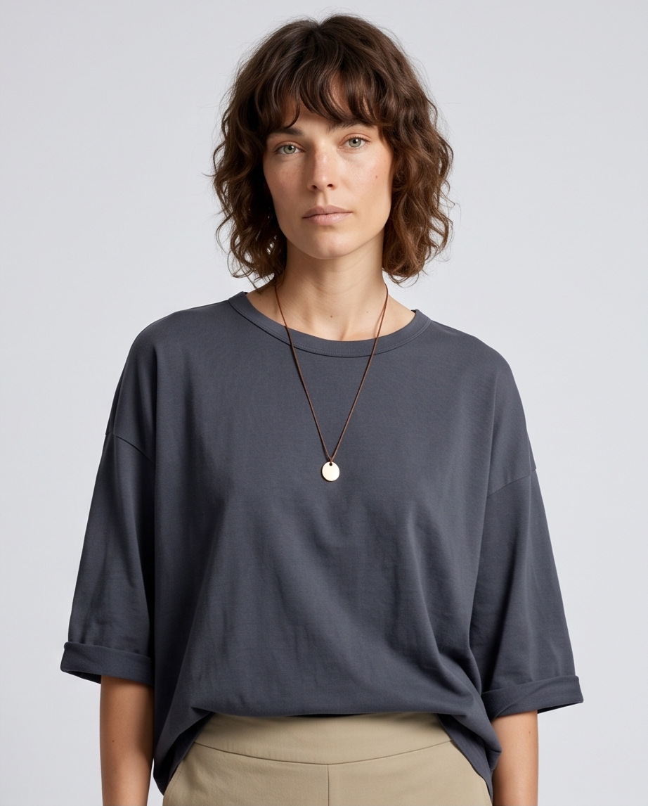 Γυναικεία ανθρακί oversized μπλούζα με στρογγυλή λαιμόκοψη, bust up εμφάνιση
