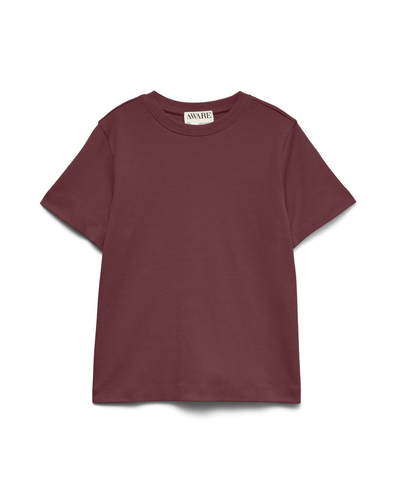 Γυναικείο basic t-shirt AWARE by Vero Moda μπορντό 100% οργανικό βαμβάκι, flat lay
