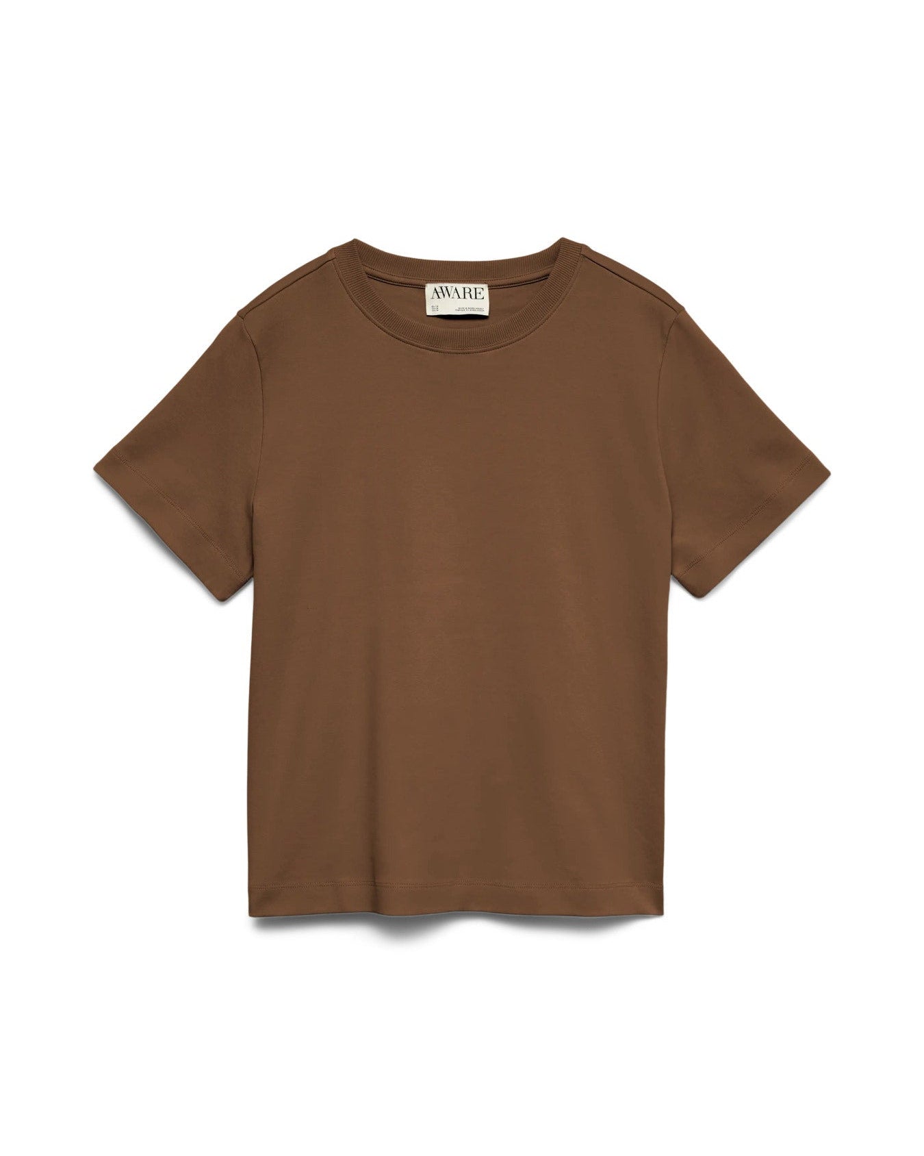 Γυναικείο basic t-shirt AWARE by Vero Moda καφέ 100% οργανικό βαμβάκι, flat lay
