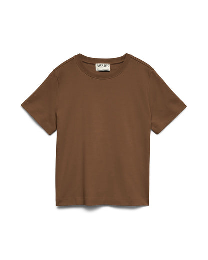 Γυναικείο basic t-shirt AWARE by Vero Moda καφέ 100% οργανικό βαμβάκι, flat lay
