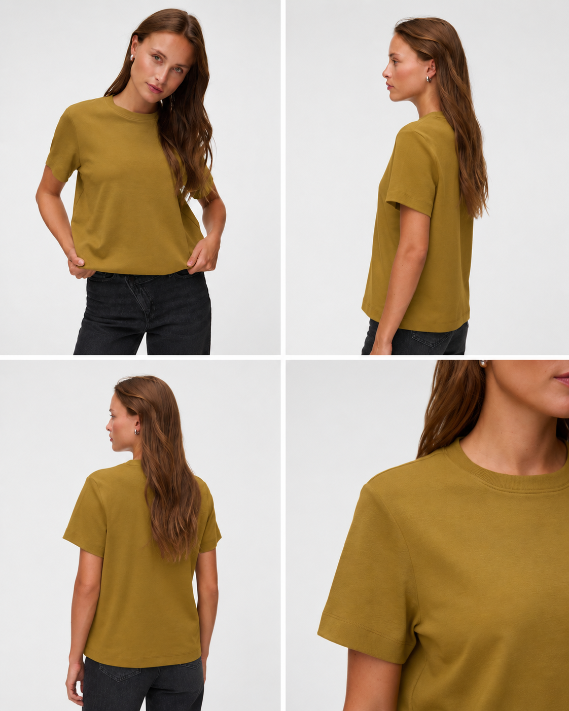Γυναικείο basic t-shirt AWARE by Vero Moda μουσταρδί οργανικό βαμβάκι, μπροστά πλάι πίσω λεπτομέρεια
