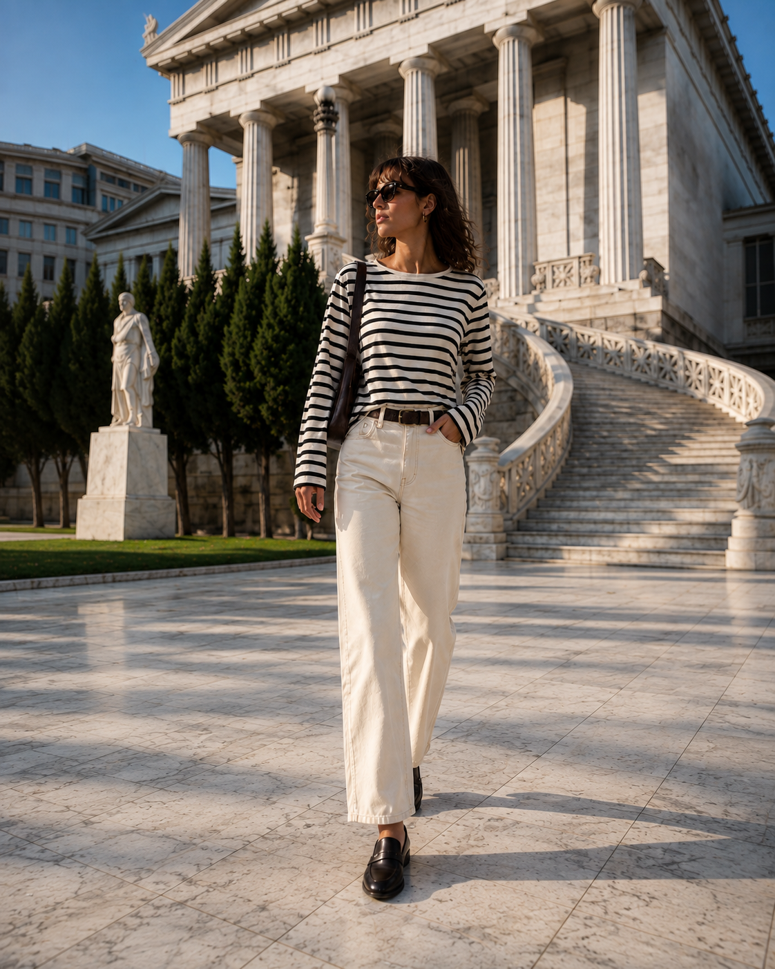 Γυναικείο oversized ριγέ τοπ AWARE by Vero Moda εκρού-μαύρο με wide leg παντελόνι, editorial Αθήνα
