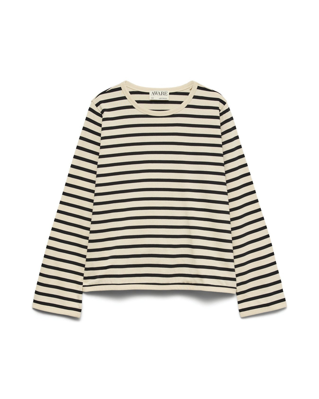 Oversized ριγέ τοπ AWARE by Vero Moda εκρού-μαύρο 100% οργανικό βαμβάκι, flat lay
