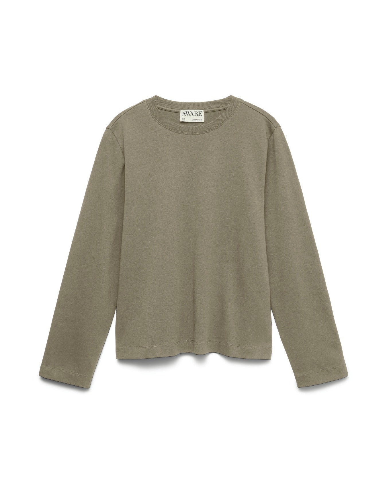 Basic μακρυμάνικο t-shirt AWARE by Vero Moda λαδί 100% οργανικό βαμβάκι, flat lay
