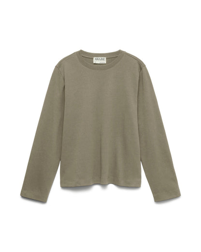 Basic μακρυμάνικο t-shirt AWARE by Vero Moda λαδί 100% οργανικό βαμβάκι, flat lay
