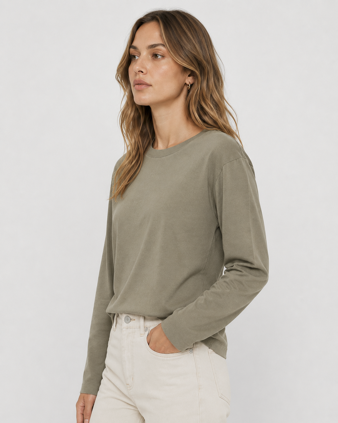Γυναικείο basic μακρυμάνικο t-shirt AWARE by Vero Moda λαδί, πλαϊνή εμφάνιση
