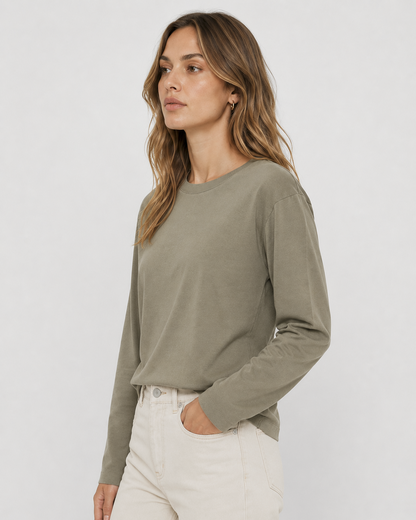 Γυναικείο basic μακρυμάνικο t-shirt AWARE by Vero Moda λαδί, πλαϊνή εμφάνιση
