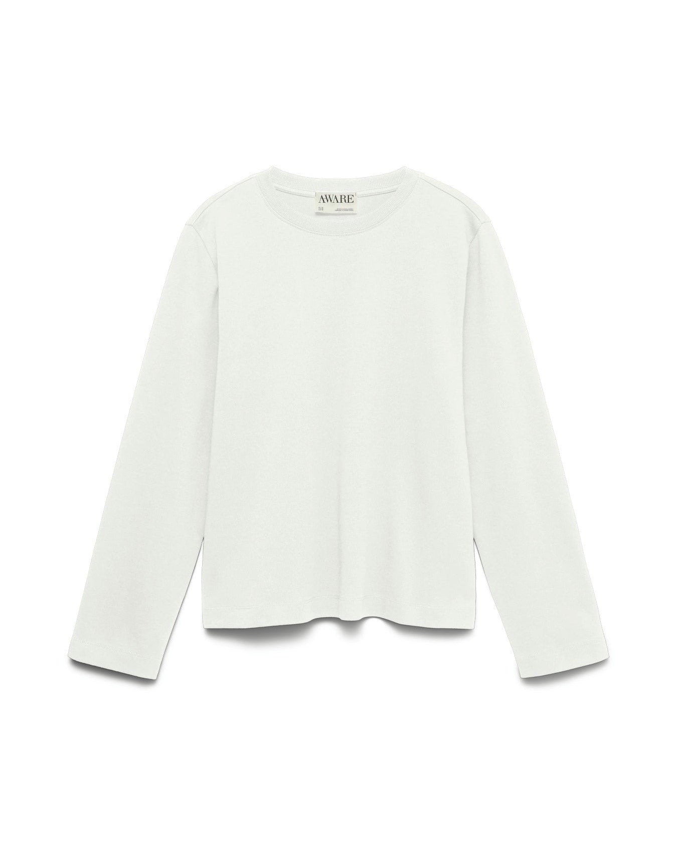 Basic μακρυμάνικο t-shirt AWARE by Vero Moda λευκό 100% οργανικό βαμβάκι, flat lay
