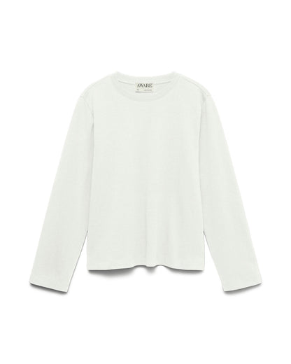 Basic μακρυμάνικο t-shirt AWARE by Vero Moda λευκό 100% οργανικό βαμβάκι, flat lay
