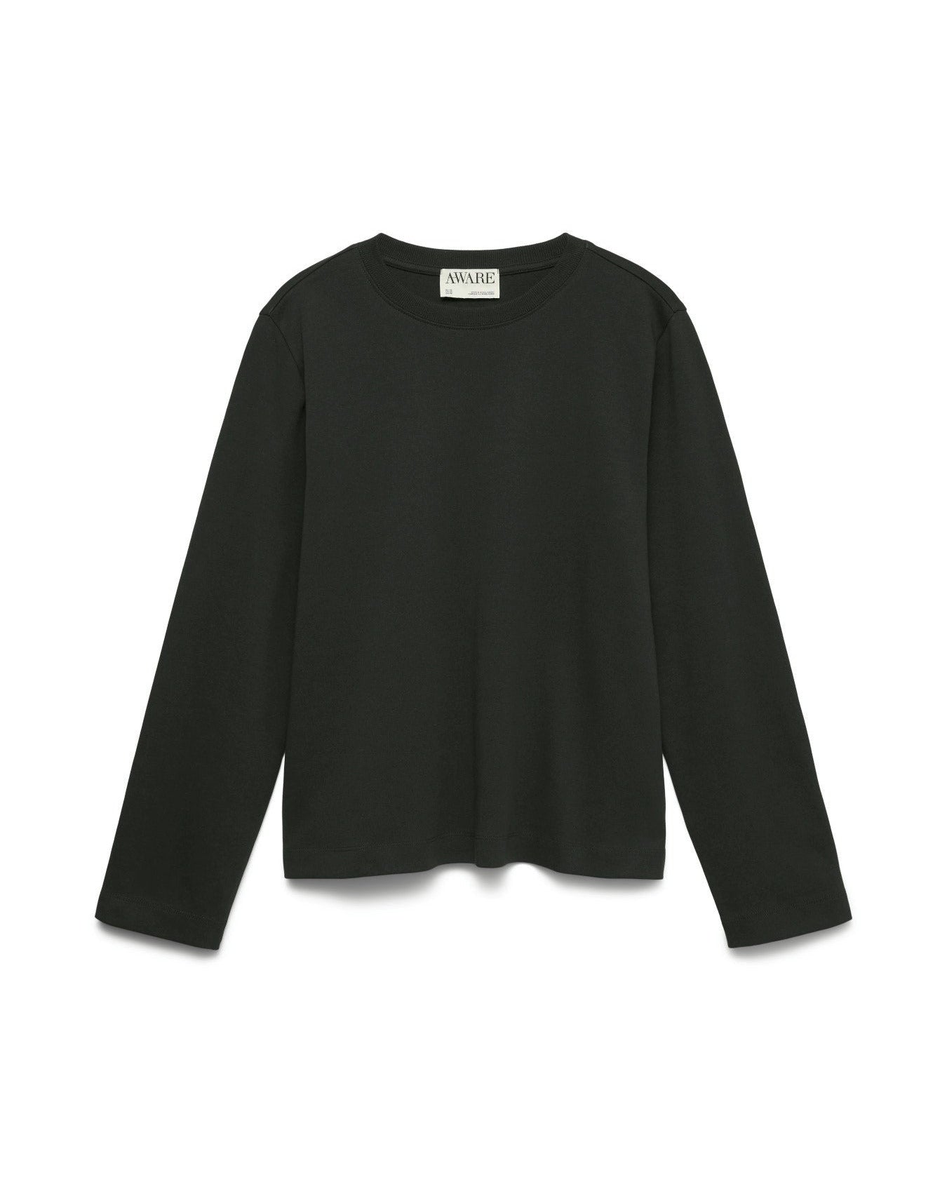 Basic μακρυμάνικο t-shirt AWARE by Vero Moda μαύρο 100% οργανικό βαμβάκι, flat lay
