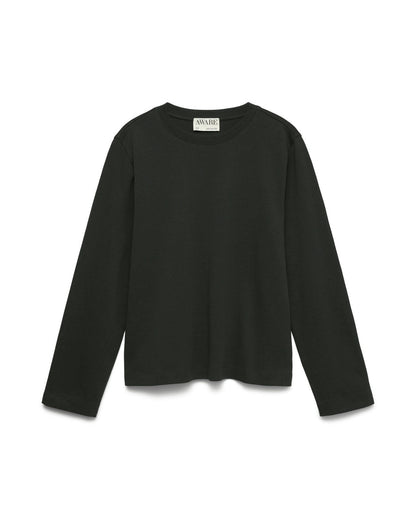 Basic μακρυμάνικο t-shirt AWARE by Vero Moda μαύρο 100% οργανικό βαμβάκι, flat lay
