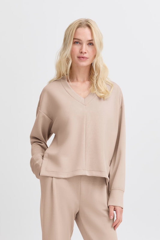 B.YOUNG Μπλούζα V-Neck Cropped Fit Απαλό Ύφασμα Μπεζ μπροστινή όψη