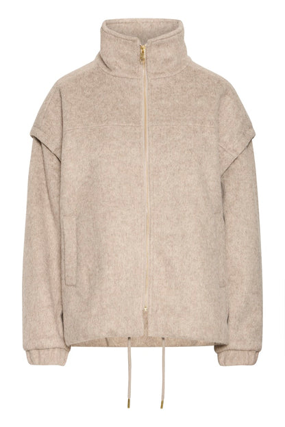 B.YOUNG Γυναικείο Μπουφάν Casual Φερμουάρ Ψηλός Γιακάς Χαλαρή Εφαρμογή Μπεζ επίπεδη λήψη μπροστινή όψη