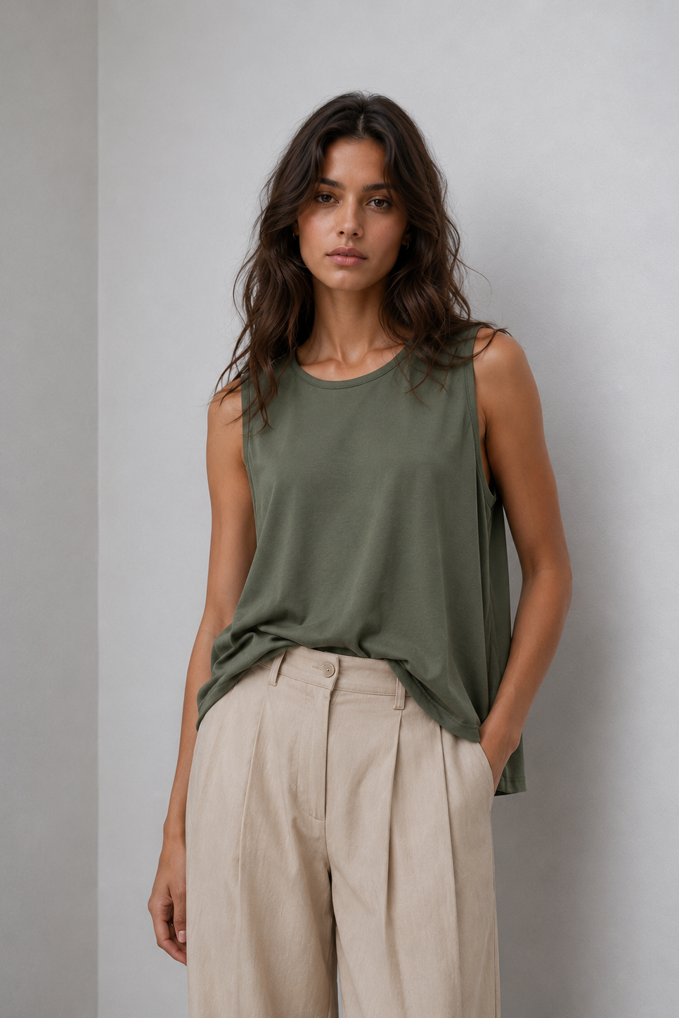 Γυναικεία χακί αμάνικη μπλούζα oversized, άνετη και εύκολη στον συνδυασμό.