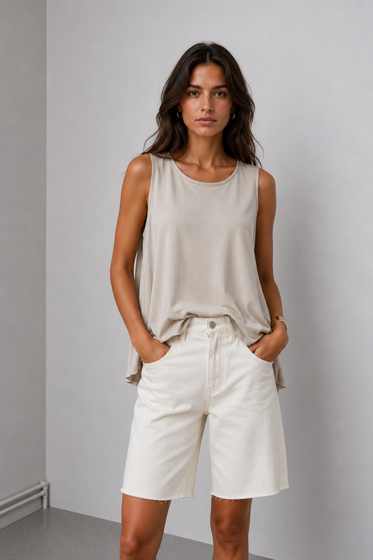 Γυναικεία μπεζ αμάνικη μπλούζα oversized, άνετη και εύκολη στον συνδυασμό.