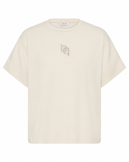 B.YOUNG γυναικείο εκρού T-shirt boxy fit glitter λογότυπο στήθος — μπροστά
