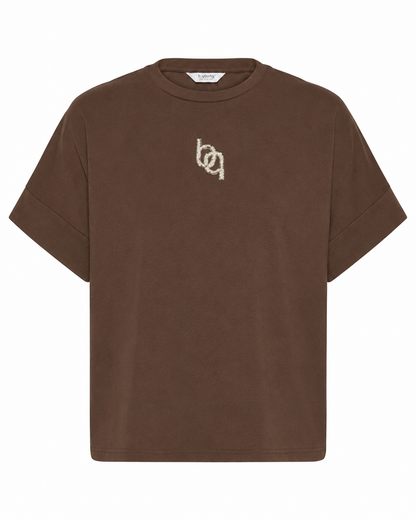 B.YOUNG γυναικείο καφέ T-shirt boxy fit glitter λογότυπο — μπροστά
