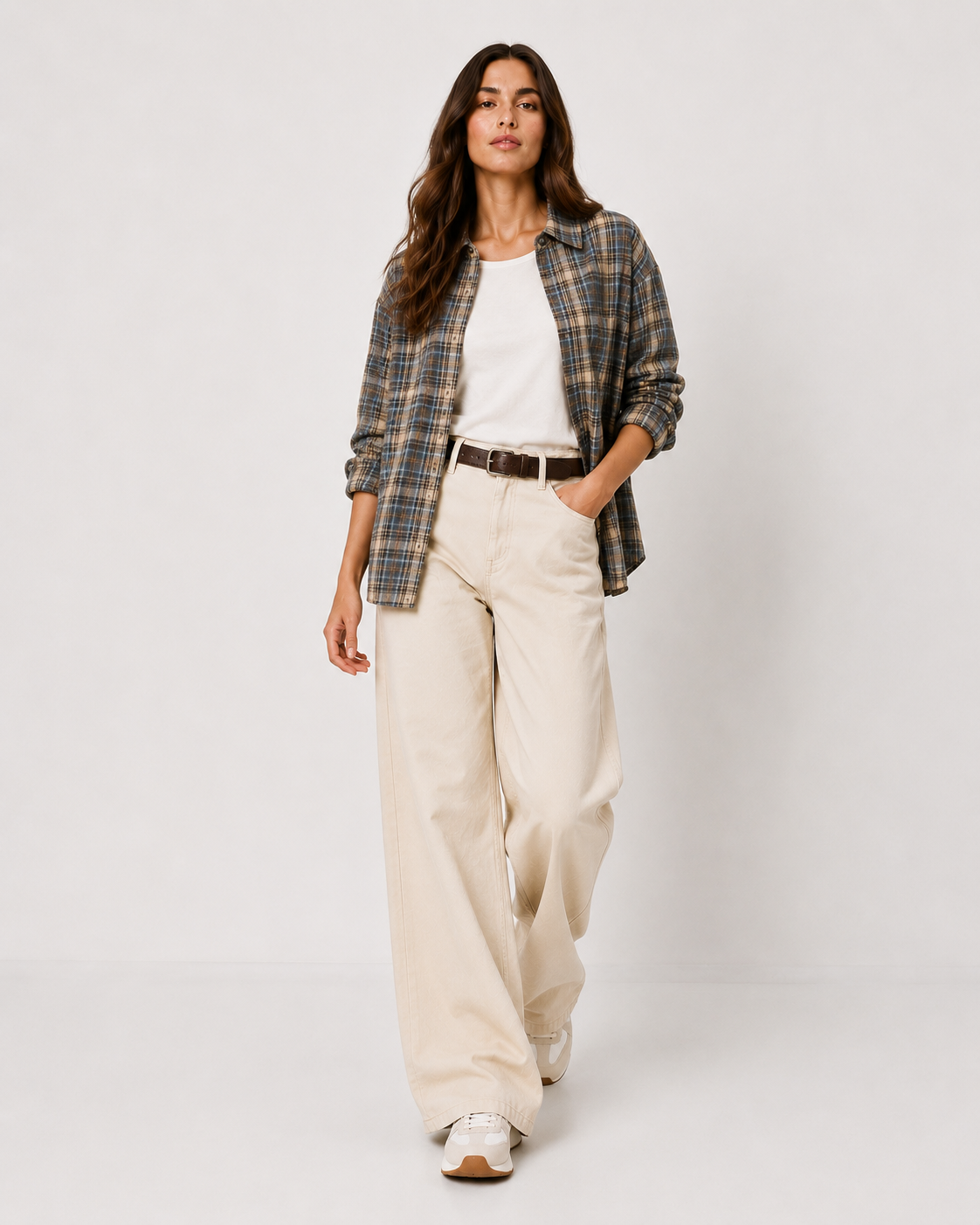 B.YOUNG γυναικείο τζιν παντελόνι wide leg μπεζ φαρδιά γραμμή — ολόσωμη εμφάνιση μπροστά
