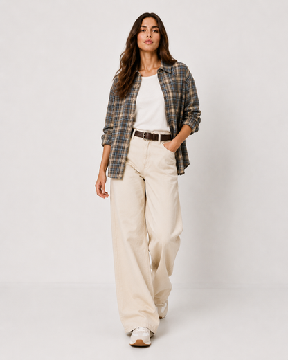 B.YOUNG γυναικείο τζιν παντελόνι wide leg μπεζ φαρδιά γραμμή — ολόσωμη εμφάνιση μπροστά
