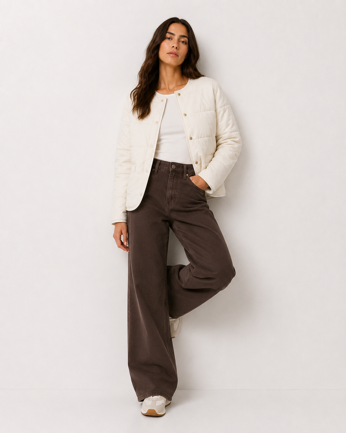 B.YOUNG γυναικείο τζιν παντελόνι wide leg σκούρο καφέ φαρδιά γραμμή — ολόσωμη εμφάνιση μπροστά

