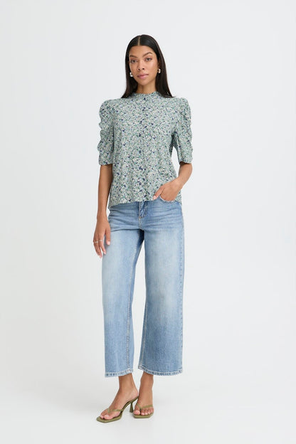 Μπλούζα Εμπριμέ με Μανίκια με Σούρα