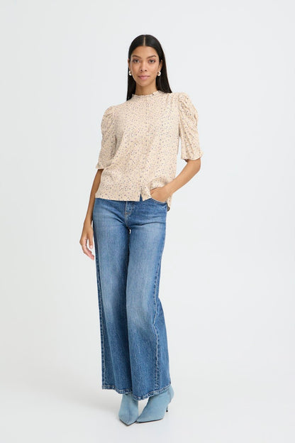 Μπλούζα Εμπριμέ με Μανίκια με Σούρα