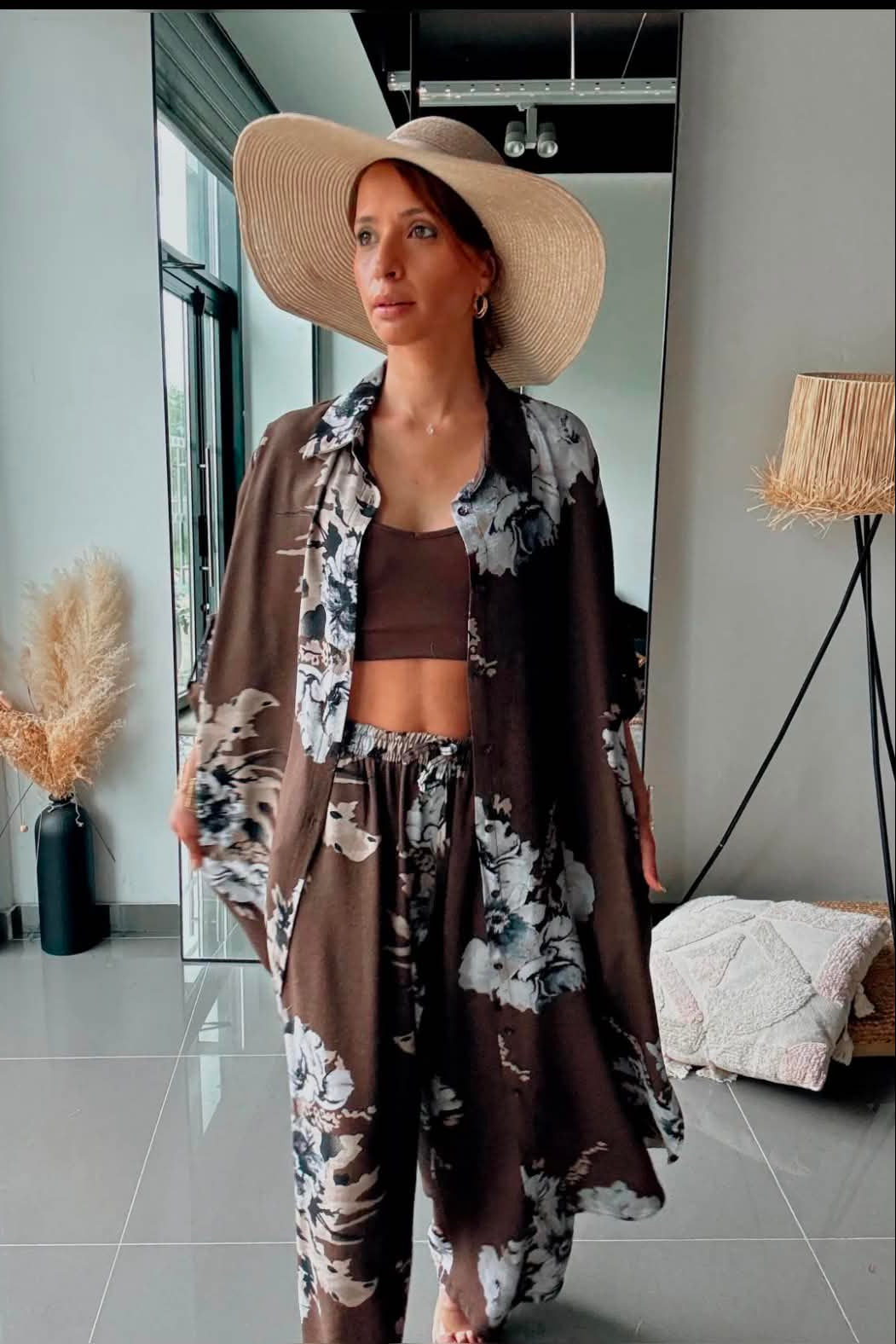 Σετ Floral Print Μακριά Πουκαμίσα & Παντελόνι