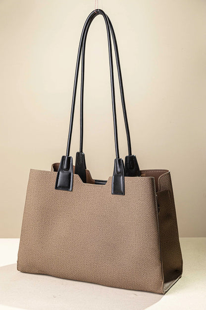 γυναικεία FRAGOLA BAGS tote τσάντα ώμου μπεζ υφή ψαροκόκαλο μαύρα χερούλια — πίσω όψη
