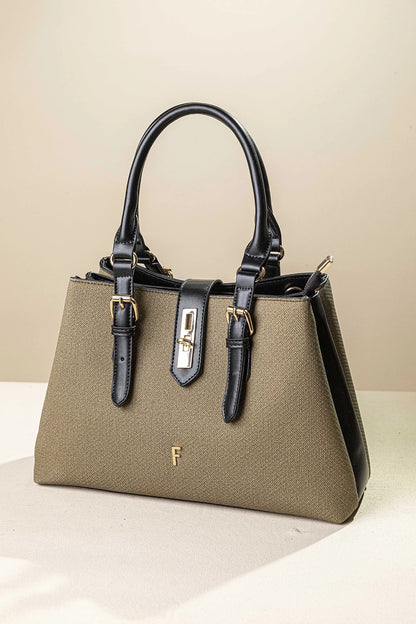 γυναικεία FRAGOLA BAGS τσάντα χειρός λαδί fishbone ψαροκόκαλο μαύρα χερούλια χρυσή κλειδαριά μονόγραμμα F — μπροστά
