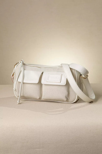 Γυναικείο τσαντάκι FRAGOLA εκρού για ώμο και χιαστί με εξωτερικές τσέπες, μπροστινή όψη
