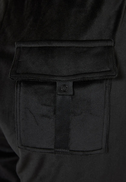 Funky Buddha Γυναικείο Μαύρο Βελουτέ Παντελόνι Φόρμας ολόσωμη εμφάνιση λεπτομέρεια πίσω τσέπη