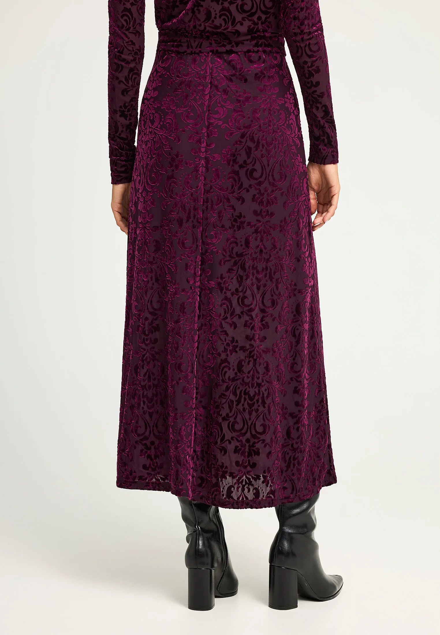 FUNKY BUDDHA Maxi Βελούδινη Φούστα Ανάγλυφη Υφή Βουργουνδί πίσω όψη