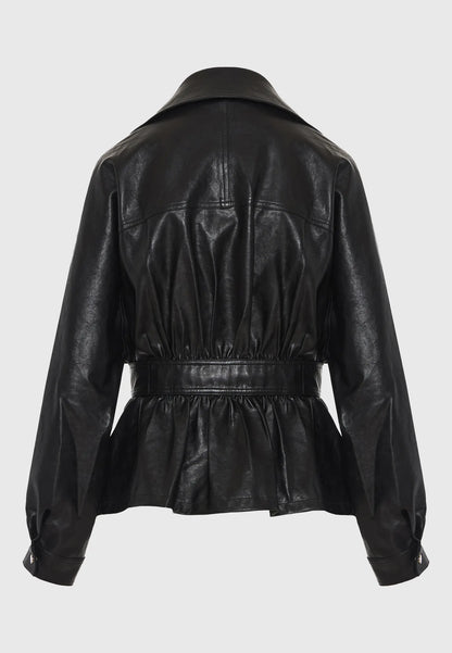 FUNKY BUDDHA Μπουφάν Οικολογικό Δέρμα με Ζώνη Μαύρο πίσω όψη λάστιχο στην μέση