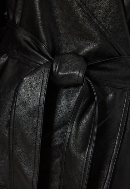 FUNKY BUDDHA Μπουφάν Οικολογικό Δέρμα με Ζώνη Μαύρο λεπτομέρεια ζών