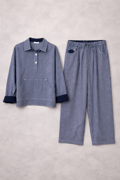 GIOYA πουκάμισο ριγέ μπλε λευκό - flat lay set με παντελόνι