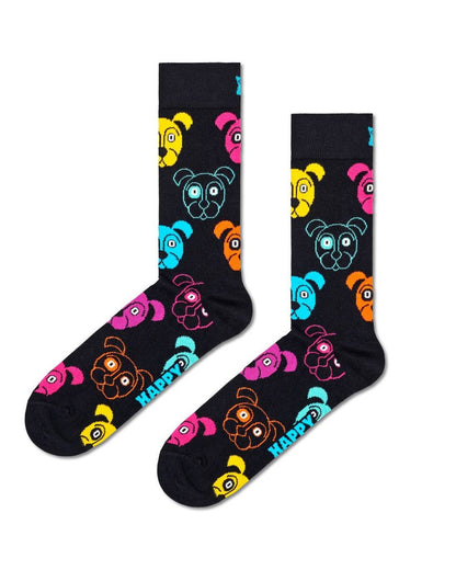 Happy Socks γυναικείες κάλτσες Dog σε μαύρη βάση με πολύχρωμες μουσούδες σκύλων και τιρκουάζ λογότυπο Happy.
