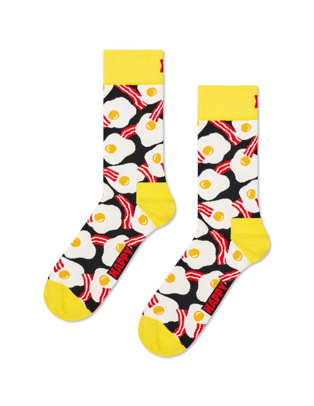 Happy Socks γυναικείες κάλτσες Egg & Bacon με αυγά και μπέικον σε μαύρη βάση, κίτρινο τελείωμα, φτέρνα και μύτη.
